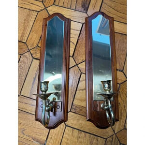 Vintage Cornwall Industries Wooden and Brass Sconce Style Taper Candle Holder, M